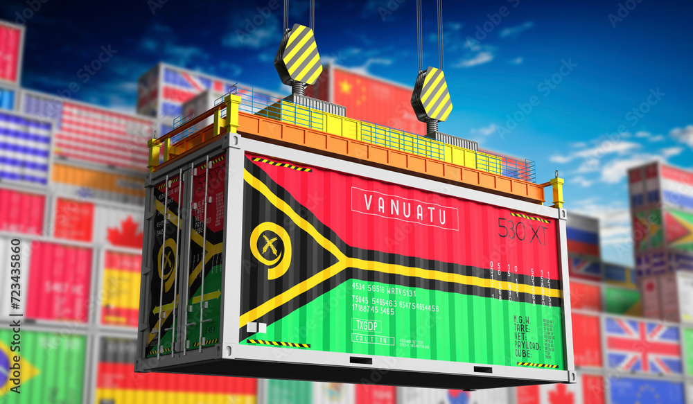 Freight shipping container with national flag of Vanuatu - 3D illustration