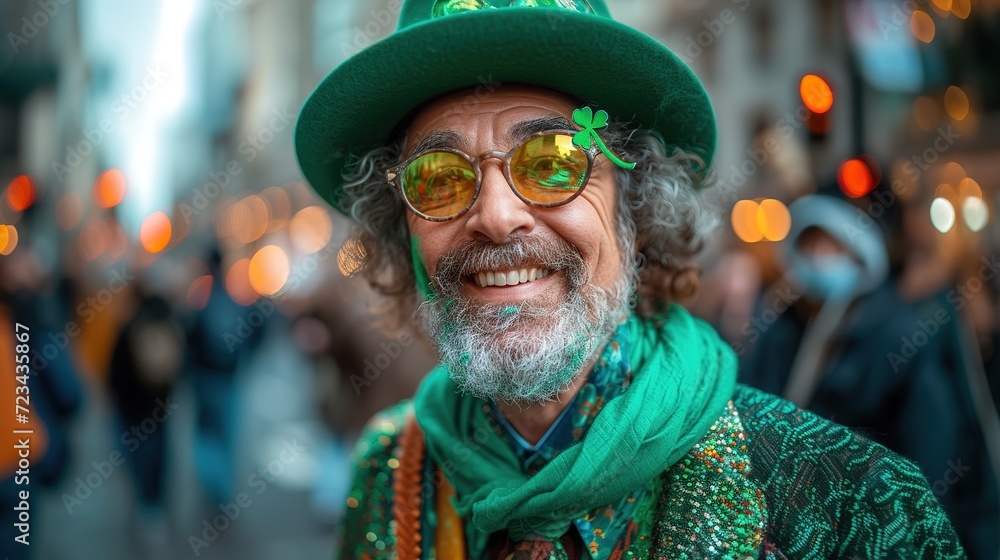 A funny man wearing a leprechaun hat and glasses with clover leaves. A funny man wearing a leprechaun hat and glasses with clover leaves.