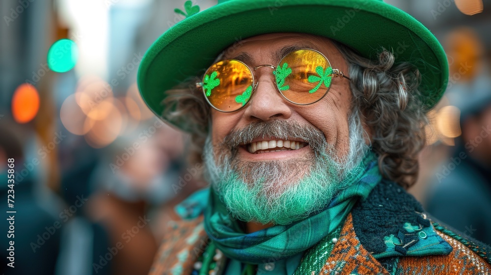 A funny man wearing a leprechaun hat and glasses with clover leaves. A funny man wearing a leprechaun hat and glasses with clover leaves.