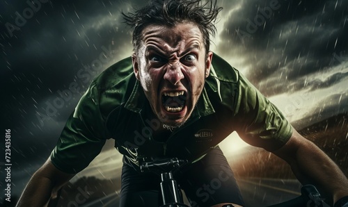 Tired Cyclist in Green shirt rides bike on road