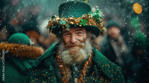 A funny man wearing a leprechaun hat and glasses with clover leaves.