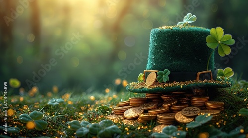 St. Patrick's Day leprechaun hat, gold coins and shamrocks on green background photo