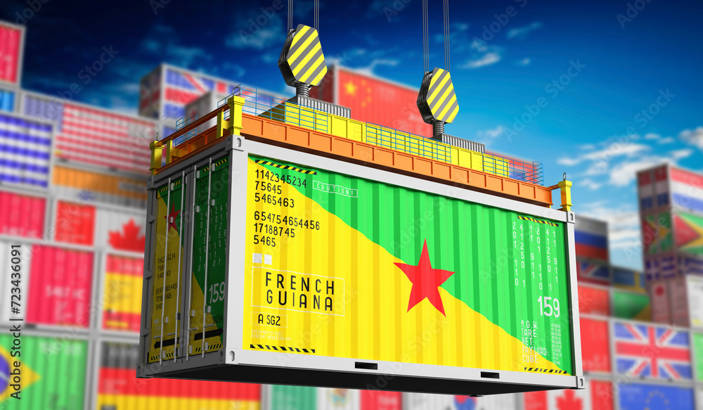 Freight shipping container with national flag of French Guiana - 3D illustration