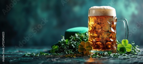 St Patrick`s holiday party invitation, bar menu background. Irish St Patrick`s day beer, ale glasses photo