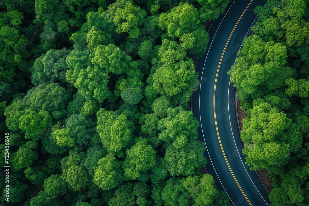 An aerial image of winding roads through a dense forest, illustrating nature's intricate patterns. Concept of revealing nature's artistry from above. Generative Ai. An aerial image of winding roads through a dense forest, illustrating nature's intricate patterns. Concept of revealing nature's artistry from above. Generative Ai.