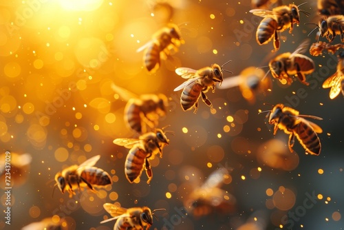 A mesmerizing swarm of vibrant yellow invertebrates gracefully soar through the natural landscape, showcasing the delicate beauty of these buzzing bees