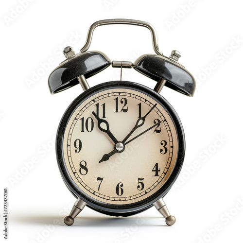 A close-up shot of a classic black and white alarm clock with a timeless design, showing the time on an analog dial. The clock is isolated on a white background, creating a contrast between the monoch