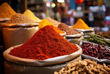 Middle eastern bazar or market, heaps of different spices and ingredients in the sacks close up