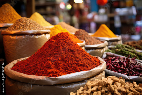 Middle eastern bazar or market, heaps of different spices and ingredients in the sacks close up