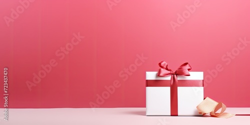 Minimal Christmas concept with a white gift box, red ribbon, and pink background.