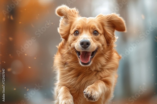 A lively brown canine, belonging to the sporting group, happily bounds through the great outdoors with its mouth open in pure joy