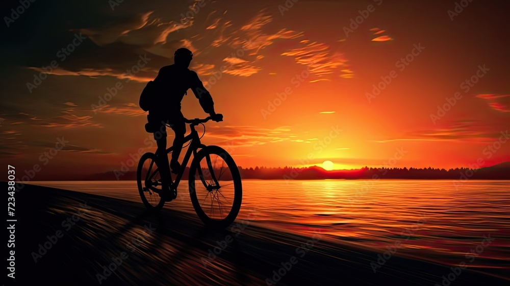 Fototapeta premium the cyclist with the sun low on the horizon to make the scene even more dramatic and rich.