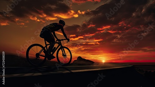 the cyclist with the sun low on the horizon to make the scene even more dramatic and rich.