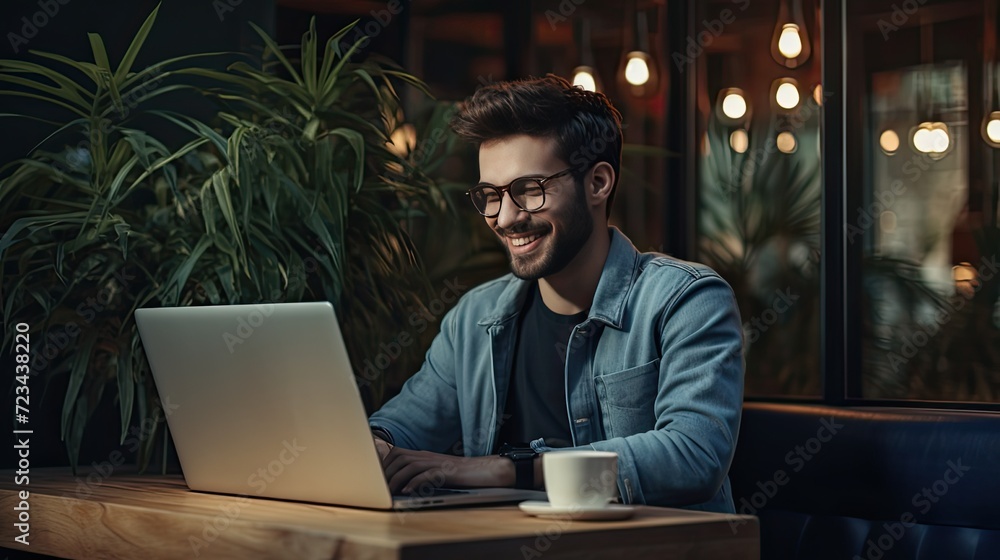 young man smiling, looking away and working at a laptop young man smiling, looking away and working at a laptop