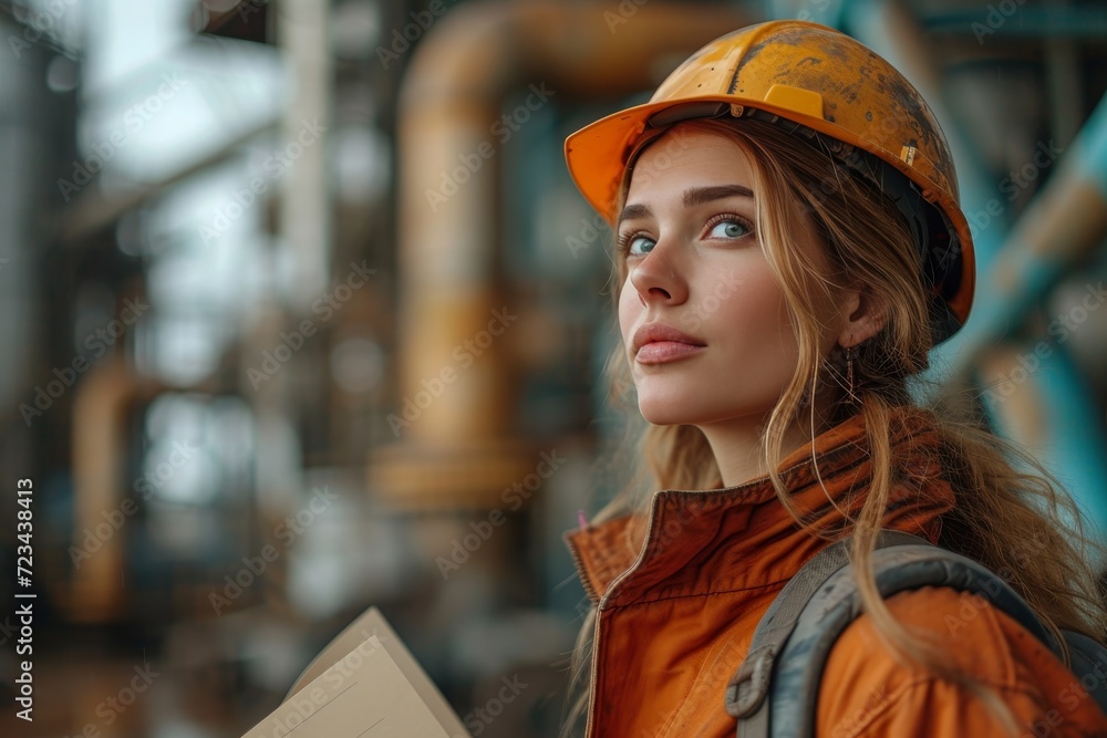 A determined woman in an orange hard hat stands proudly on the street, her fashion accessory blending seamlessly with her outdoor work attire as she oversees the construction of a new building A determined woman in an orange hard hat stands proudly on the street, her fashion accessory blending seamlessly with her outdoor work attire as she oversees the construction of a new building
