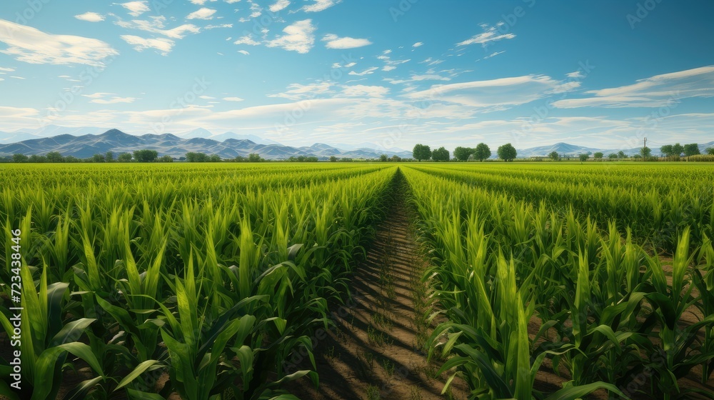 corn field in summer, beautiful sky and bright greenery - obrazy, fototapety, plakaty 