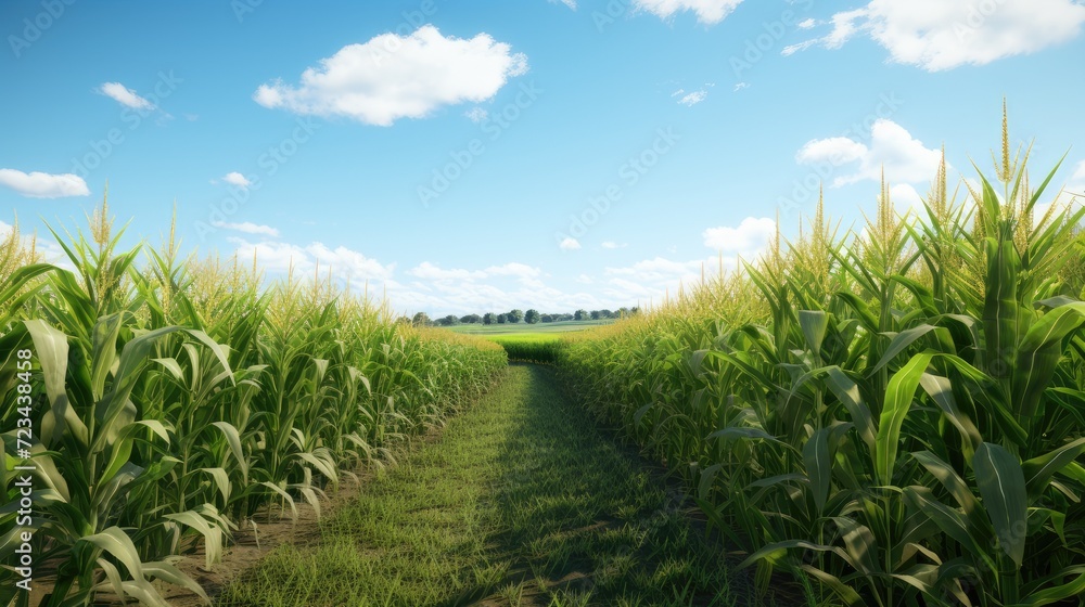 corn field in summer, beautiful sky and bright greenery