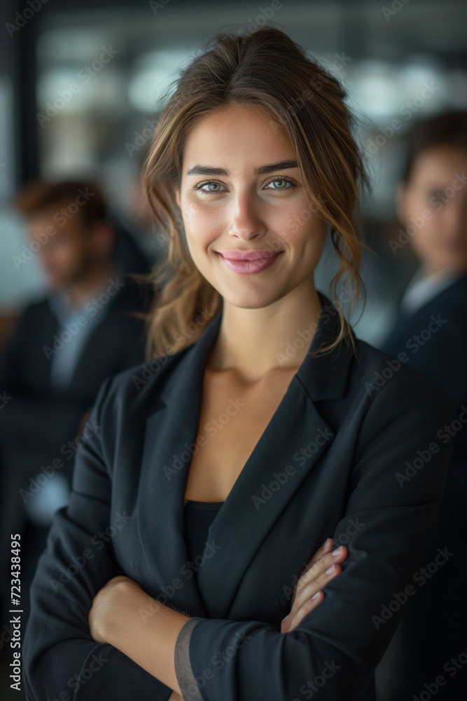 Naklejka premium Captivating professional business woman portrait, encapsulating leadership and team success, ideal for corporate branding and teamwork concept.