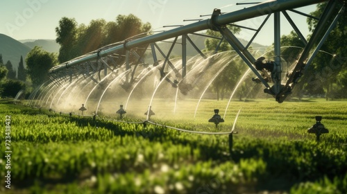large irrigation sprinklers spraying water over a vast green field. photo
