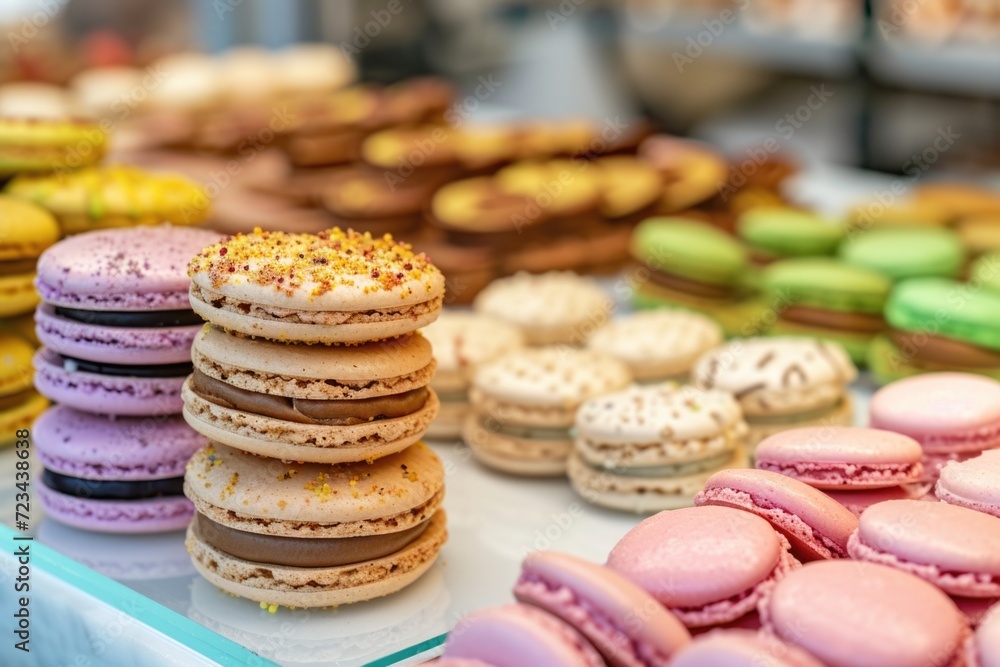 Delectable array of macarons, from pistachio green to raspberry pink, tempting treats.