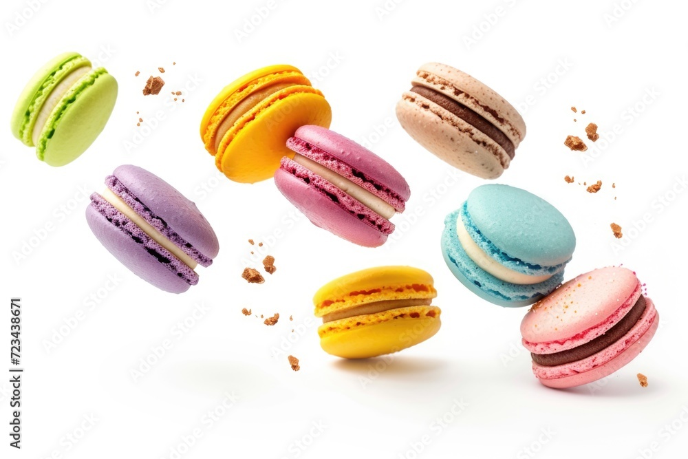 Macarons in mid-air, a dynamic array of colors with crumbs flying, white background. Macarons in mid-air, a dynamic array of colors with crumbs flying, white background.