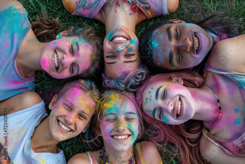 Smiling faces in a ring, splashed with festive Holi pigments.