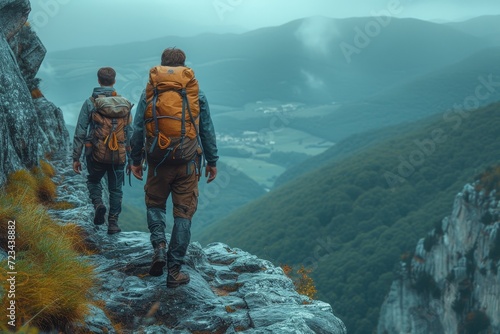 In the midst of a foggy, outdoor adventure, two hikers stand atop a rocky cliff, their backpacks filled with gear as they take in the breathtaking mountain landscape