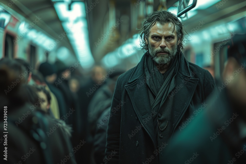 A mysterious man in a black coat stands out among the bustling crowd on the busy city street, his human face hidden but his confident aura unmistakable as he makes his way to the train station