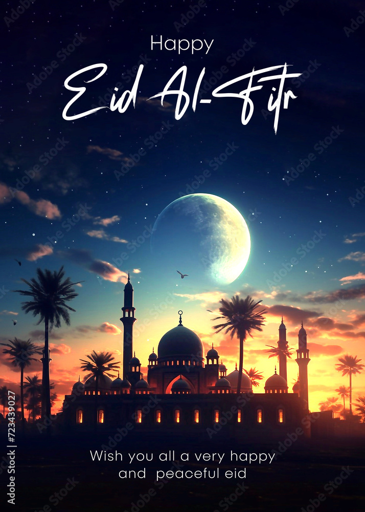 Obraz premium Eid Al Fitr Poster Template with Mosque and Sunset Sky Background. Eid Mubarak