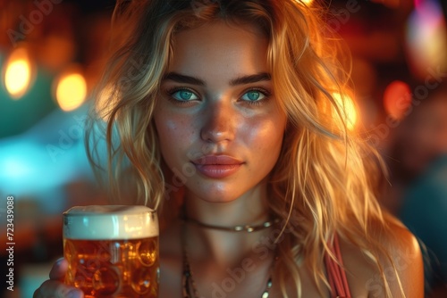 A stunning woman with flowing brown hair enjoys a refreshing glass of beer outdoors, radiating a relaxed and carefree vibe through her confident expression and stylish clothing