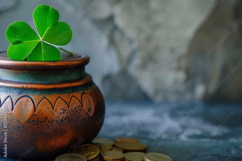 a pot, a clover leaf with coins. St. Patrick's Day. copy space a pot, a clover leaf with coins. St. Patrick's Day. copy space