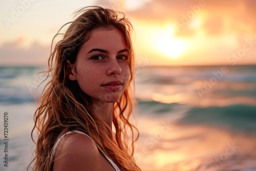 A young woman on the beach at sunset, with ocean waves in the background © Jan