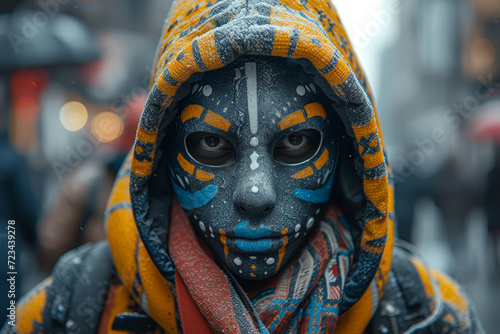 A street portrait of a person in a handmade mask, showcasing individuality and DIY spirit. Concept of personal touch and creativity in protective measures. Generative Ai.