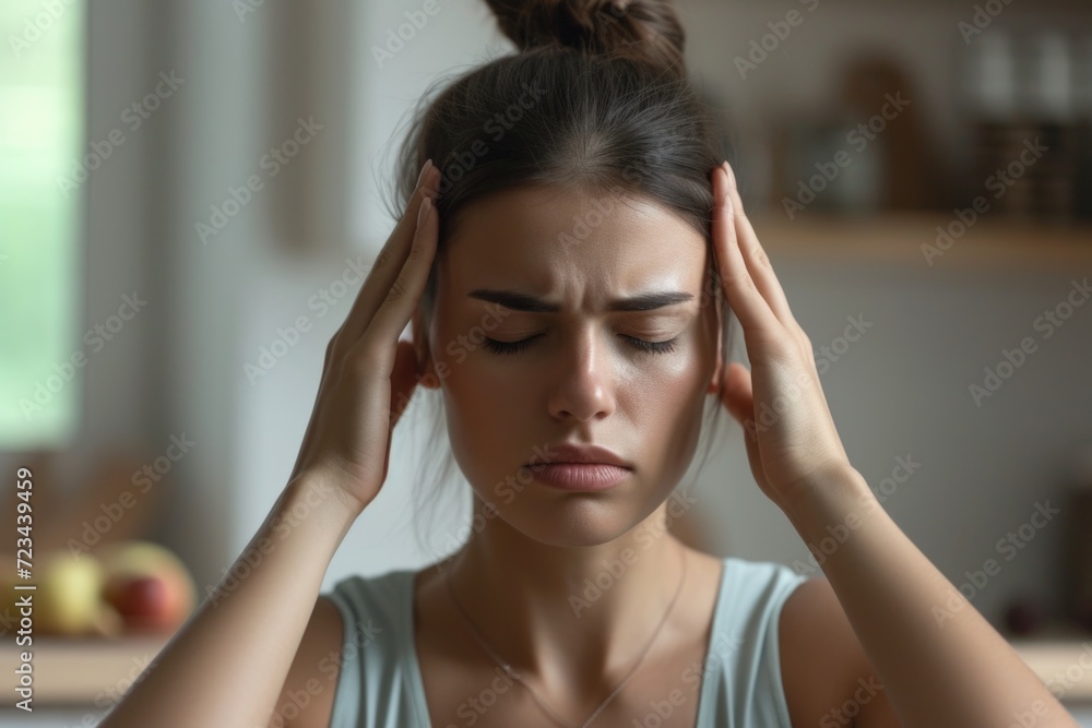Young woman with a pained expression, clutching her head, a sign of headache or stress. Young woman with a pained expression, clutching her head, a sign of headache or stress.