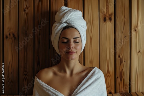 Contentment in self-care, woman in towel, wooden sauna room.