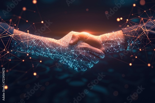 Tech-inspired handshake, symbolizing virtual collaboration and connections. photo