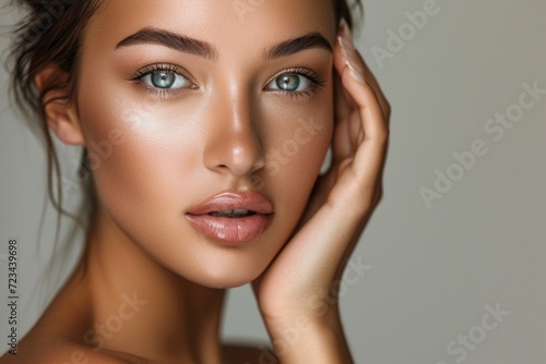 An alluring beauty portrait of a Caucasian lady, radiating freshness and youthfulness, with a focus on her expressive eyes, clean skin, and tasteful makeup, creating a naturally captivating look.