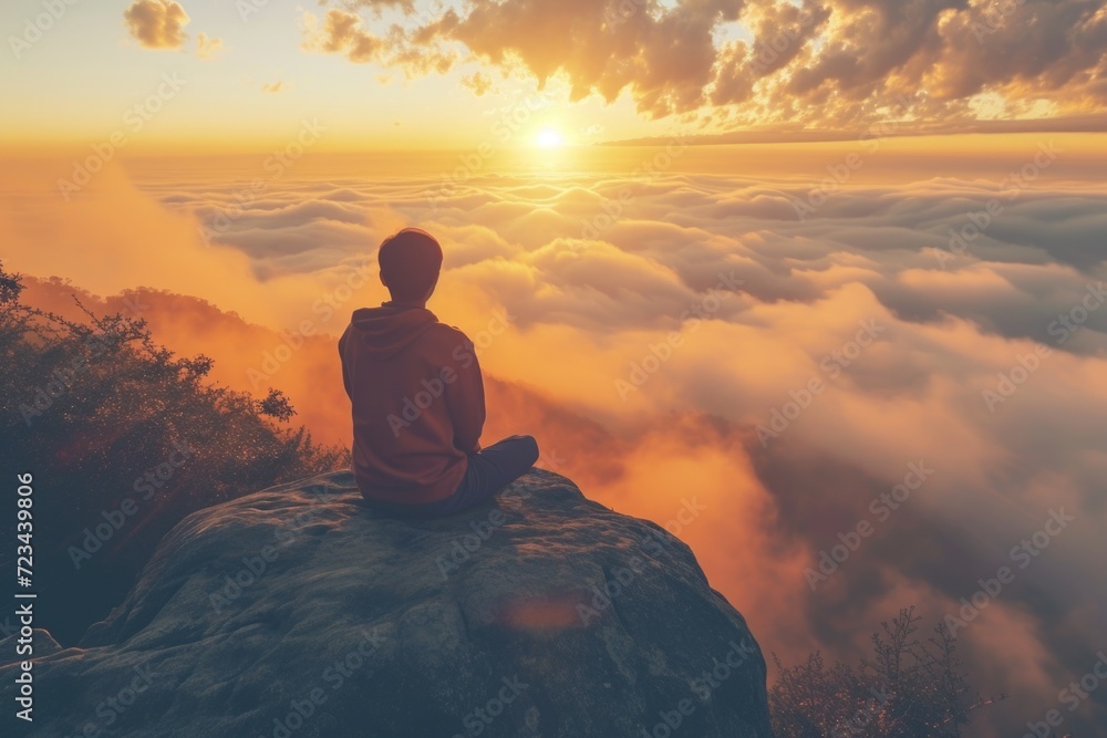 Meditative solitude: person on rock gazing into misty sunrise or sunset