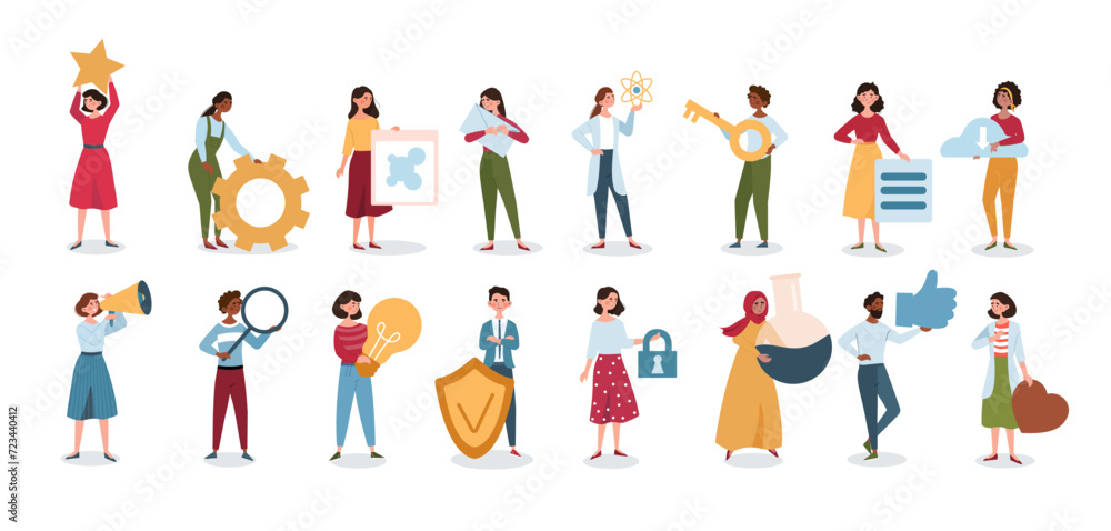Set of tiny people with big items. Collection of person different activities and occupation. Different nations. Popular professions. Cartoon flat vector illustration isolated on a white background Set of tiny people with big items. Collection of person different activities and occupation. Different nations. Popular professions. Cartoon flat vector illustration isolated on a white background