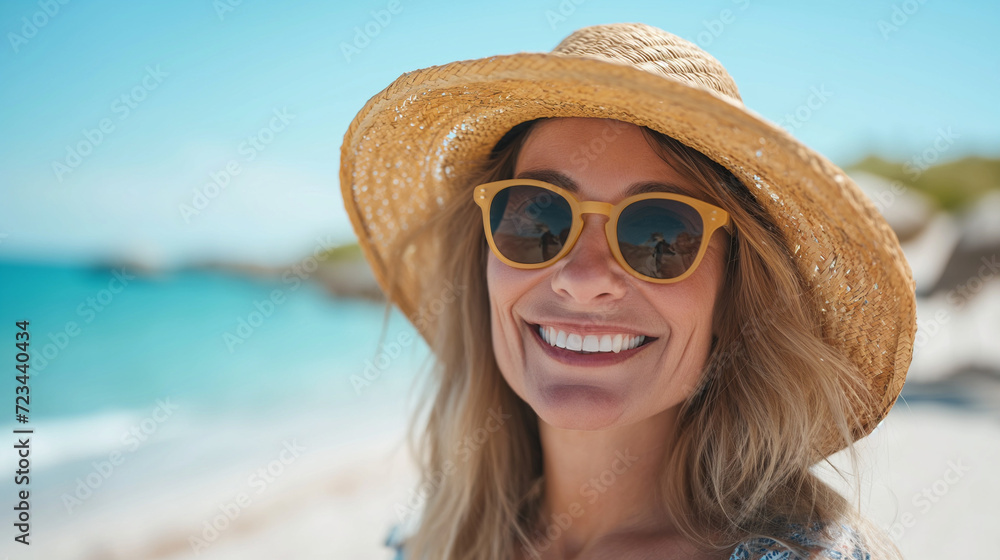 Woman Wearing Straw Hat and Sunglasses at the Beach