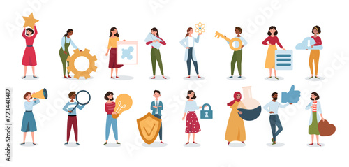 Set of tiny people with big items. Collection of person different activities and occupation. Different nations. Popular professions. Cartoon flat vector illustration isolated on a white background