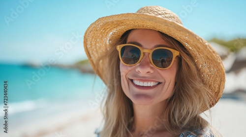Woman Wearing Straw Hat and Sunglasses at the Beach © mattegg