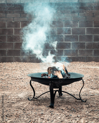 Smoke rising from a burning fire in a backyard firepit with wooden logs, brick wall in the background