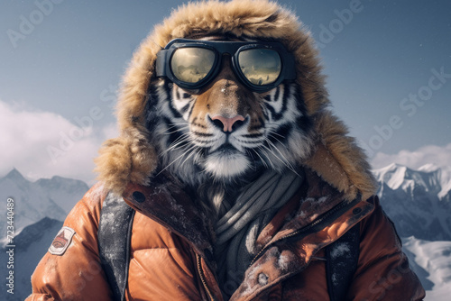 a tiger dressed as a climber who conquers mountain