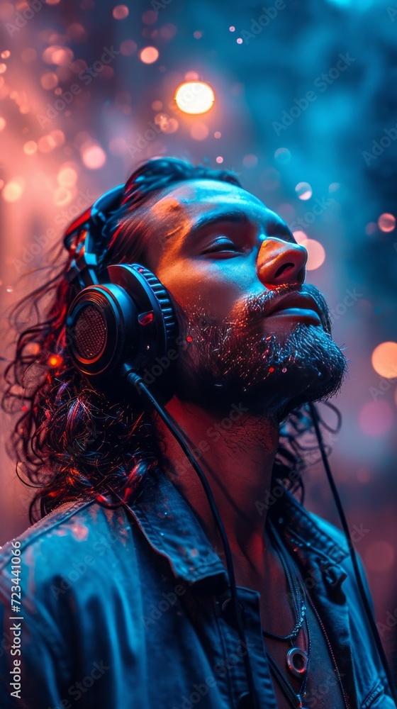 A joyful scene featuring a young man immersed in music, wearing headphones A joyful scene featuring a young man immersed in music, wearing headphones
