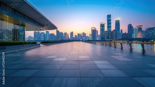 Empty square floor and pedestrian bridge with modern buildings at dusk. Generative AI. photo