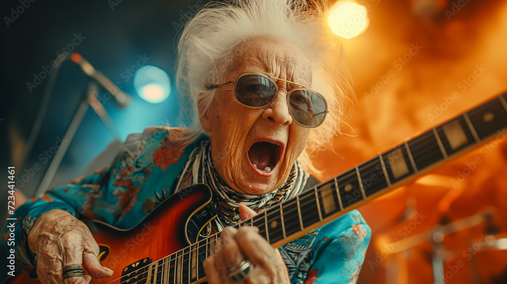Elderly Woman Performing on Stage With Guitar - obrazy, fototapety, plakaty 