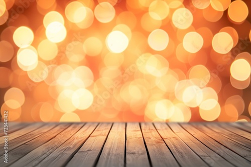 Orange bokeh wall with beige wooden floor product background, Generative AI.
