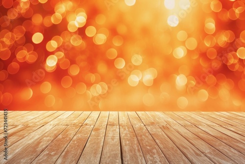 Wallpaper Mural Orange bokeh wall with beige wooden floor product background, Generative AI. Torontodigital.ca
