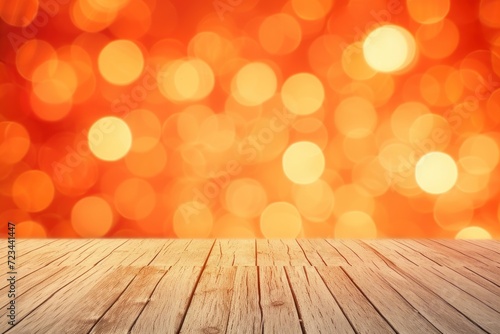 Orange bokeh wall with beige wooden floor product background, Generative AI.